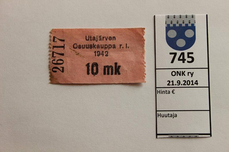 k-0745-a.jpg - Kohde 745, lhthinta: 20 € / myyntihinta: 20 € 10 mk 1942 Utajrven Osuuskauppa r.l. n:o 26717, tahroja, kunto: 5