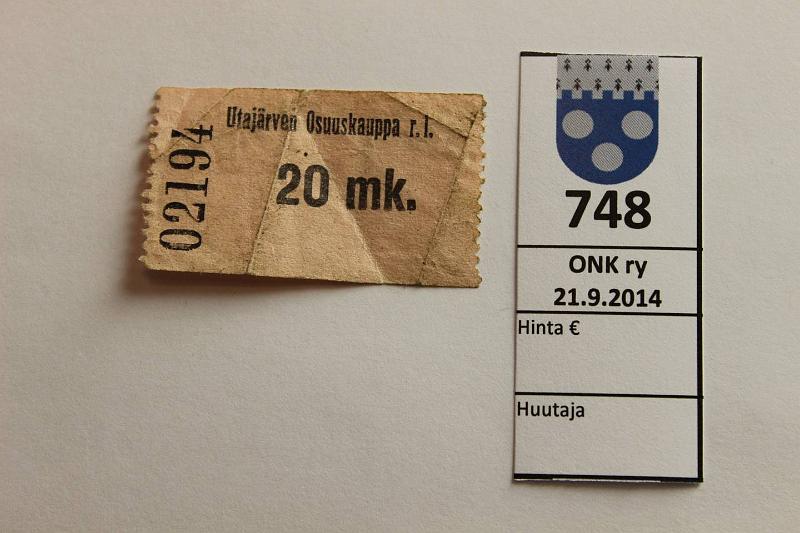 k-0748-a.jpg - Kohde 748, lhthinta: 20 € / myyntihinta: 20 € 20 mk Ilman vuosilukua Utajrven Osuuskauppa r.l. n:o 02194, prep, kunto: 4