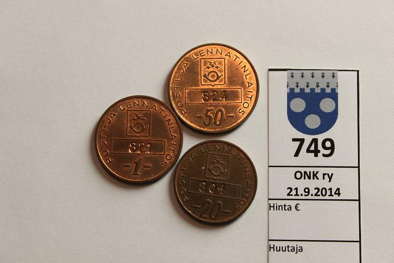 k-0749-a.jpg - Kohde 749, lhthinta: 5 € / myyntihinta: 8 € 20 p - 1 mk (3) Posti- ja lenntinlaitos 20 p, 50 p, 1 mk, numeroidut poletit, kunto: 7-8