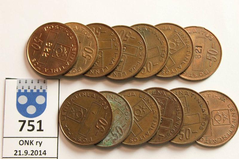 k-0751-a.jpg - Kohde 751, lhthinta: 25 € 50 p (13) Posti- ja lenntinlaitos 50 p, 13 polettia eri numeroilla, kunto: 7-8