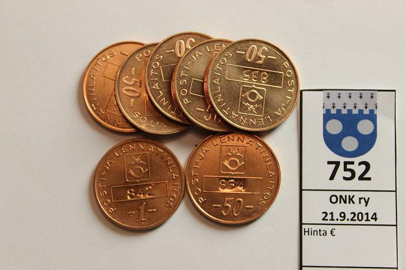 k-0752-a.jpg - Kohde 752, lhthinta: 15 € / myyntihinta: 15 € 50 p (7) Posti- ja lenntinlaitos 50 p, 7 virheetnt polettia eri numeroilla, kunto: 9