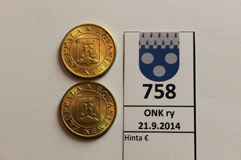k-0758-a.jpg - Kohde 758, lhthinta: 5 € / myyntihinta: 11 € 5 kWh (2) Rovaniemen kauppala rahakkeet "perusmaksujen tapahduttua", kunto: 8,9