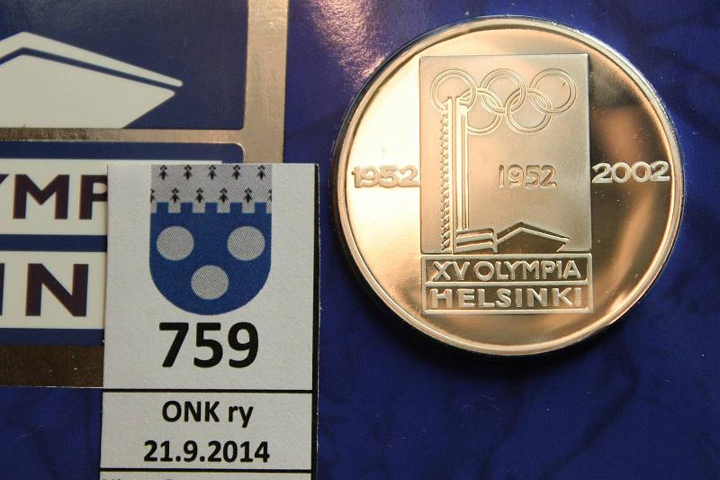 k-0759-a.jpg - Kohde 759, lhthinta: 5 € / myyntihinta: 7 € Suomi 2012 Vaalea metalli, Olympia 1952 muistomitali kortissa, kunto: 9