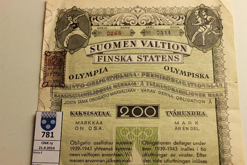 k-0781-a.jpg - Kohde 781, lhthinta: 30 € / myyntihinta: 30 € Olympiaoblikaatio 1938 Suomen Valtion Olympiaoblikaatiolaina 200mk 1939-43. 60 re leimamerkkileima. Sarja 0265, jrj 0514. 7mm rep., kunto: 4