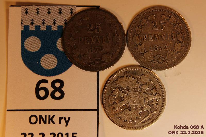 k-0068-a.jpg - Kohde 68, lhthinta: 25 € / myyntihinta: 26 € 25 p 1872, 73, 75 Ag, kunto: 3-5