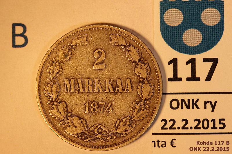k-0117-b.jpg - Kohde 117 (kuva 2/2), lhthinta: 13 € / myyntihinta: 15 € 2 mk 1874 Ag, naarmu, eprvja, kunto: 3