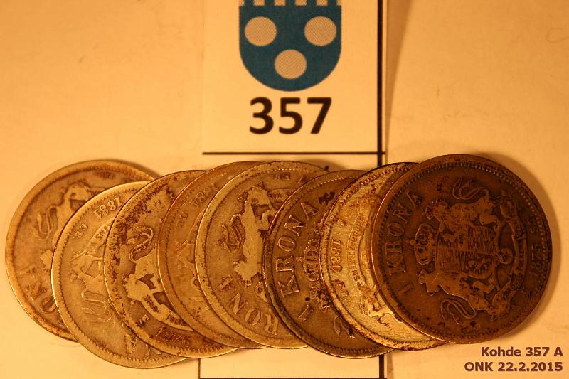 k-0357-a.jpg - Kohde 357, lhthinta: 10 € / myyntihinta: 18 € 1 kr (8) 1875-89 KM#741, 747 Ag, 8 x 7,5g/800, 1875, 76, 77, 80, 81, 84, 88, 89, kunto: 2-4