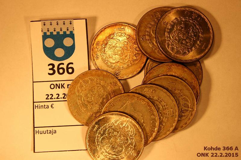 k-0366-a.jpg - Kohde 366, lhthinta: 8 € / myyntihinta: 8 € 1 kr (10) 1942-50 KM#814 Ag, 10 x 7g/400, 1942, 43, 44, 45G, 45TS(kl 9), 46(kl 8), 47, 48, 49, 50, kunto: 5-9