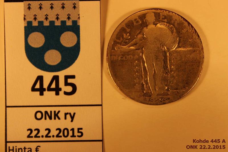 k-0445-a.jpg - Kohde 445, lhthinta: 5 € / myyntihinta: 5 € 1/4 $ 1926S KM#145 Ag, 6,25g/900 Standing Liberty Quarter, rinta peitetty, kunto: 3