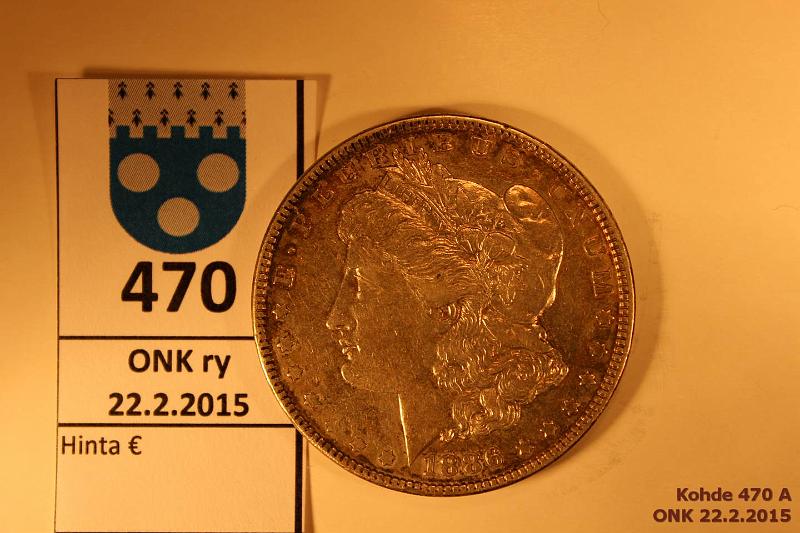 k-0470-a.jpg - Kohde 470, lhthinta: 15 € / myyntihinta: 17 € 1 $ 1886 KM#110 Ag, 26,73g/900 Morgan Dollar, kunto: 6