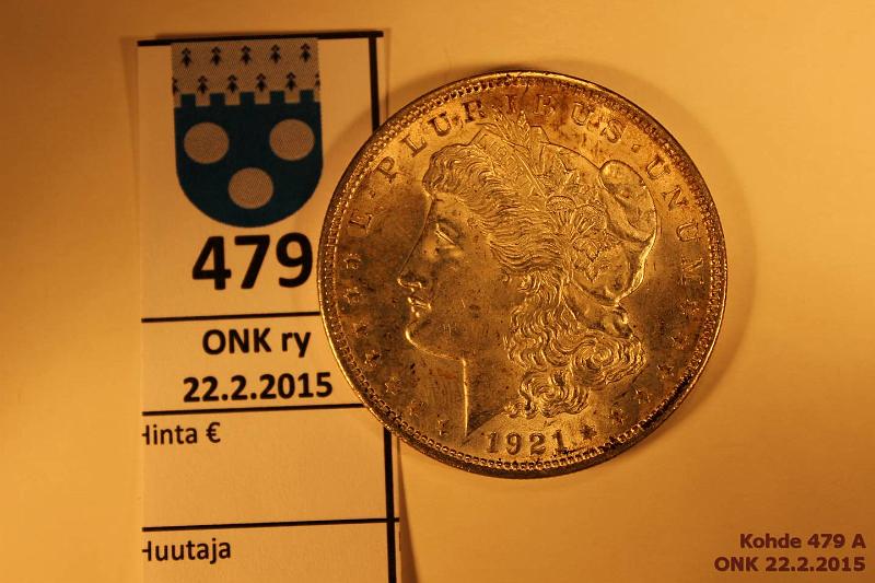 k-0479-a.jpg - Kohde 479, l�ht�hinta: 35 &euro; / myyntihinta: 35 &euro; 1 $ 1921 KM#110 Ag, 26,73g/900 Morgan Dollar, loistelias!, kunto: 9