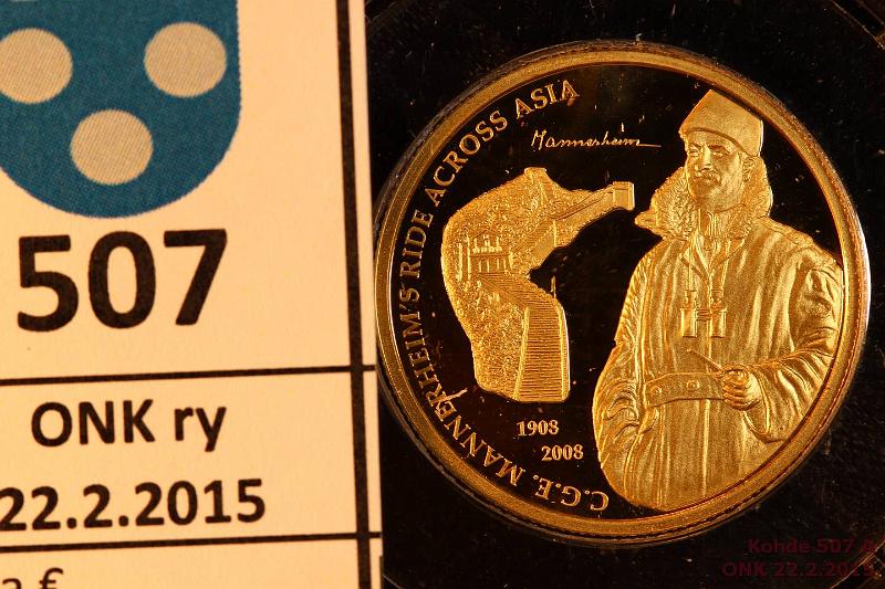 k-0507-a.jpg - Kohde 507, lhthinta: 150 € / myyntihinta: 240 € Mongolia 5000 Tugrik 2008 KM#? Au, Proof, 7,78g/999. Mannerheim and his across Asia. Lyntimr 1000. Puulaatikko, tod., kunto: 10