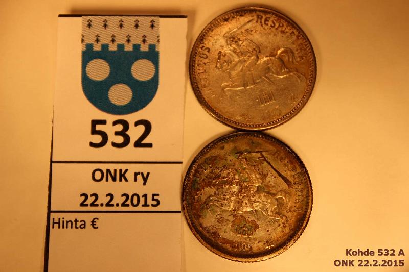 k-0532-a.jpg - Kohde 532, l�ht�hinta: 5 &euro; / myyntihinta: 5 &euro; Liettua 2 litu (2) 1925 KM#77 Ag 2 x 5,4g/500, toisessa likaa, kunto: 5