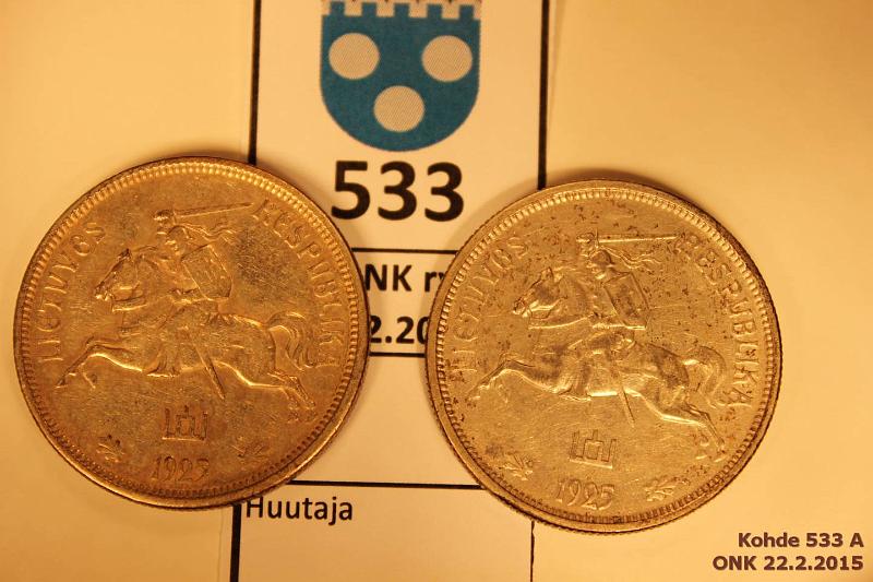 k-0533-a.jpg - Kohde 533, l�ht�hinta: 20 &euro; / myyntihinta: 20 &euro; Liettua 5 litai (2) 1925 KM#78 Ag 2 x 13,5g/500, kunto: 5,6