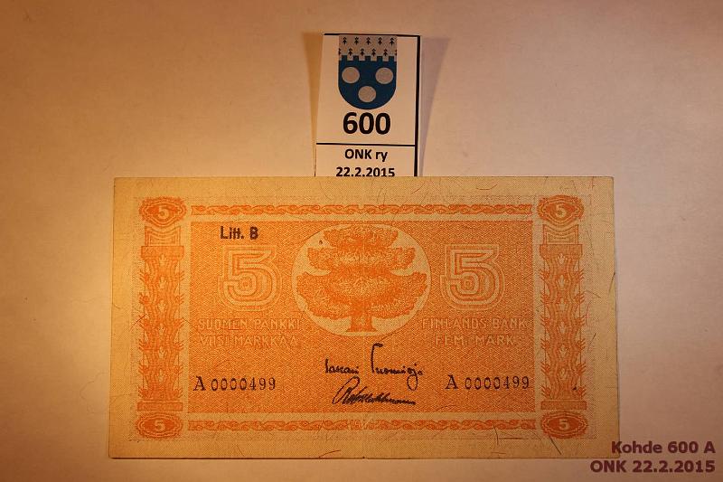 k-0600-a.jpg - Kohde 600, lhthinta: 30 € 5 mk 1945 LB SNY 134.2 A0000499 TUO-Wah, pieni sarjanumero!, kunto: 5