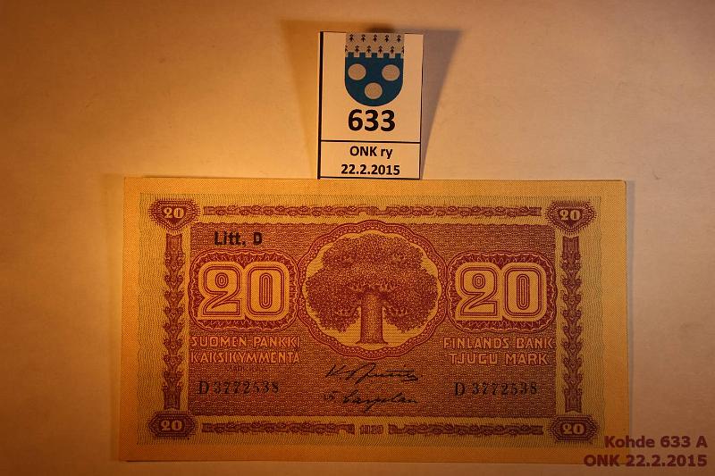 k-0633-a.jpg - Kohde 633, lhthinta: 10 € / myyntihinta: 10 € 20 mk 1939 LD SNY 159.1 D3772538 JUT-Car, ei taitteita, kulmien krjiss pyreytt, vl I, kunto: 7