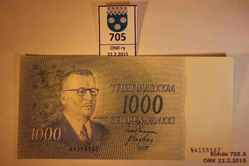 k-0705-a.jpg - Kohde 705, l�ht�hinta: 70 &euro; / myyntihinta: 70 &euro; 1000 mk 1955 SNY 200.1 N4155507 LEI-Eng, vl I, muutamia painaumia, ei taitteita l�pi setelin. 1mm normaalia leve�mpi!, kunto: 7