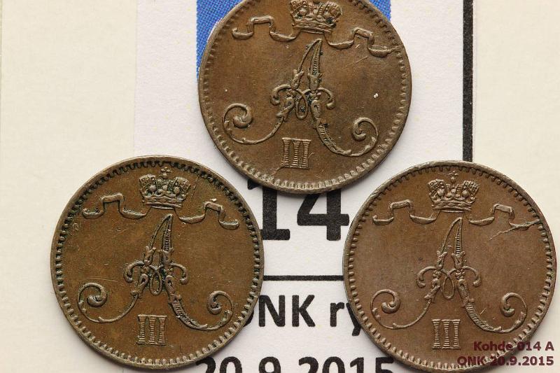k-0014-a.jpg - Kohde 14 (kuva 1/2), lhthinta: 10 € / myyntihinta: 10 € 1 p 1888, 93, 94 Kaunis tumma patina, kunto: 6-8