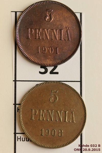 k-0032-b.jpg - Kohde 32 (kuva 2/2), lhthinta: 10 € 5 p 1901, 08 1901 puhd, naarmu, 1908 pmv, hnja, kunto: 6