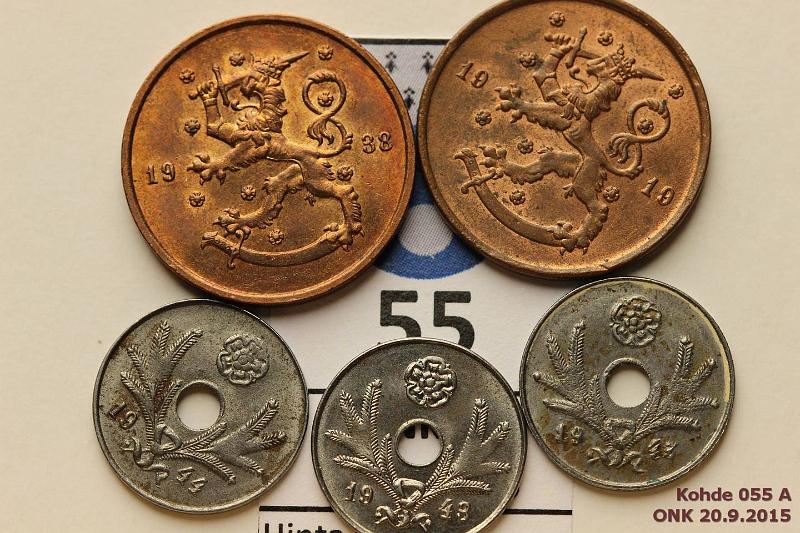 k-0055-a.jpg - Kohde 55, lhthinta: 5 € / myyntihinta: 7 € 10 p 1919-45 (5) 1919, 38 Cu; 1943, 44, 45 Fe, leimakiiltoinen er, osassa phpja/ruost., kunto: 6-8