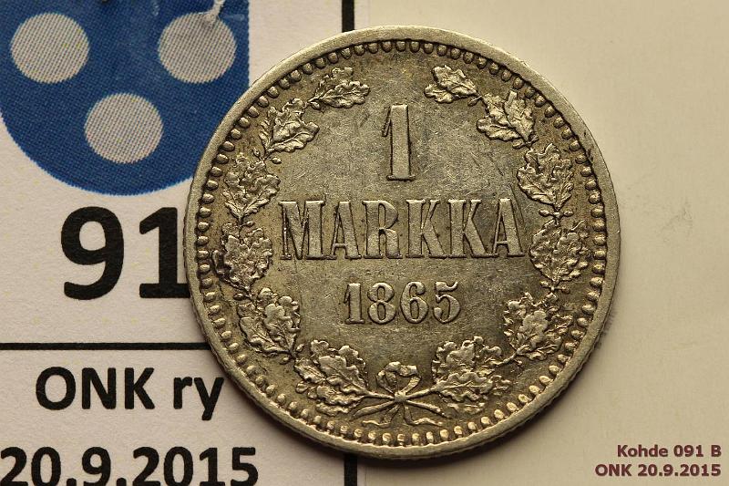 k-0091-b.jpg - Kohde 91 (kuva 2/2), l�ht�hinta: 80 &euro; / myyntihinta: 125 &euro; 1 mk 1865 Ag, SNY 398.2.2, (88/88p, roso), eritt�in kaunis!, kunto: 7/8