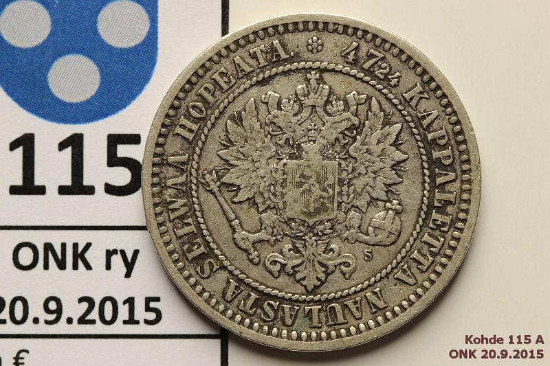 k-0115-a.jpg - Kohde 115 (kuva 1/2), l�ht�hinta: 15 &euro; / myyntihinta: 15 &euro; 2 mk 1870 Ag, kunto: 4