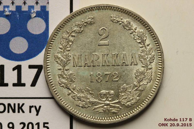 k-0117-b.jpg - Kohde 117 (kuva 2/2), l�ht�hinta: 225 &euro; / myyntihinta: 315 &euro; 2 mk 1872 Ag, arvop. hnja, ephpja, eritt�in kaunis!, kunto: 8