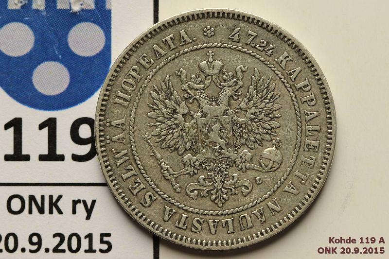 k-0119-a.jpg - Kohde 119 (kuva 1/2), l�ht�hinta: 200 &euro; / myyntihinta: 225 &euro; 2 mk 1905 Ag, ij�, kunto: 5