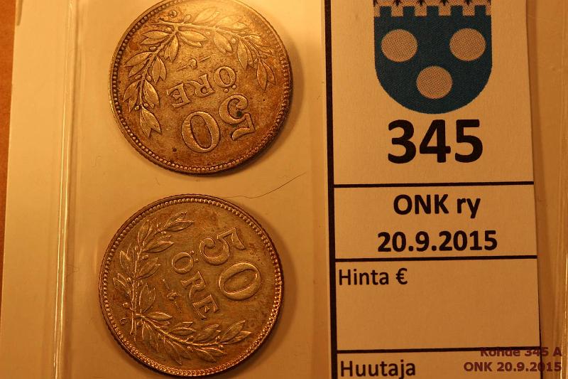 k-0345-a.jpg - Kohde 345, lhthinta: 5 € Ruotsi 50  (2) 1936 KM#788 Ag, 2 x 5g/600. 1936 lyhyt ja pitk G, kunto: 8, 5