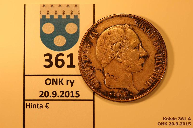 k-0361-a.jpg - Kohde 361, l�ht�hinta: 10 &euro; / myyntihinta: 10 &euro; Tanska 2 kr 1876 KM#798.1 Ag, 15g/800, HC CS. Christian IX, kunto: 4/5