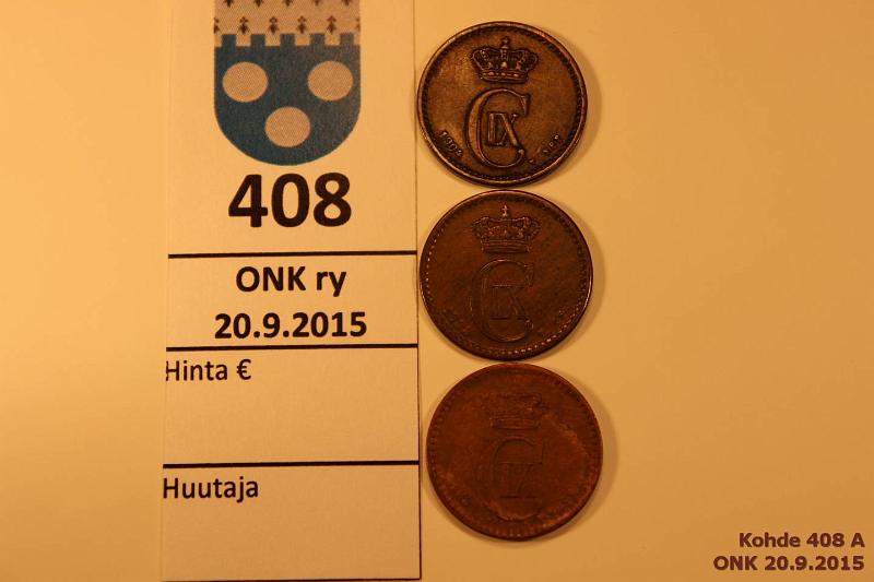 k-0408-a.jpg - Kohde 408, l�ht�hinta: 10 &euro; Tanska 1 � (3) 1889-1904 KM#792.1, 792.2 Br, 1889, 91 CS, 1904 VBP. Christian IX, kunto: 5-6