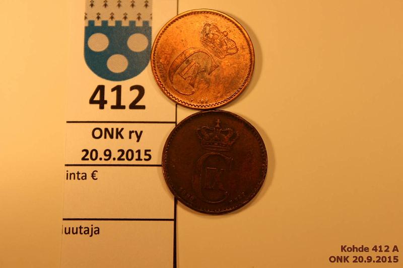 k-0412-a.jpg - Kohde 412, lhthinta: 5 € Tanska 2  (2) 1899, 1902 KM#793.2 Br, 1899 prvja, lievsti taipunut, 1902 leimak + patinaa. Christian IX, kunto: 5, 6