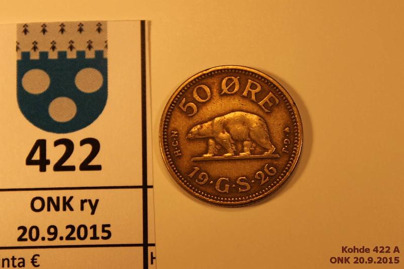 k-0422-a.jpg - Kohde 422, l�ht�hinta: 5 &euro; / myyntihinta: 8 &euro; Gr�nlanti 50 � 1926 KM#7 AlBr, eprvja. Danish colony, kunto: 5