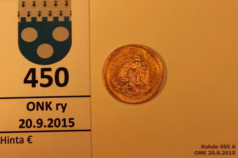 k-0450-a.jpg - Kohde 450, lhthinta: 42 € / myyntihinta: 52 € Meksiko 2 pesos 1956 KM#461 Au, 1,666g/900, kunto: 8