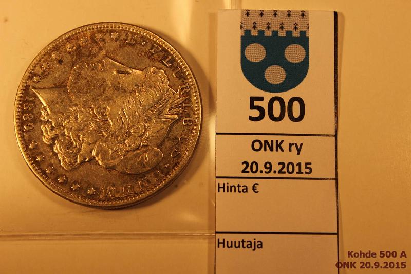 k-0500-a.jpg - Kohde 500, lhthinta: 20 € / myyntihinta: 21 € USA 1 $ 1889 KM#110 Ag, 26,73g/900 Morgan Dollar., kunto: 6