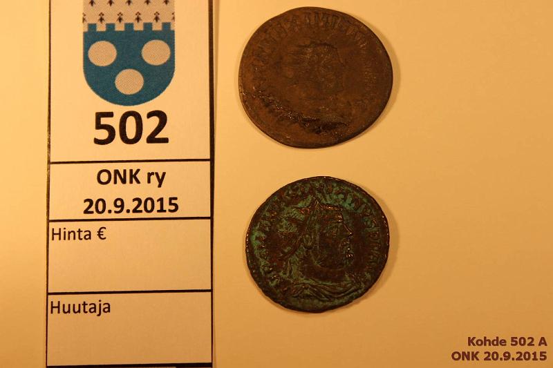 k-0502-a.jpg - Kohde 502, lhthinta: 10 € Rooma (2) 286-305 A.D. Rtgf: Cu 96%, Pb 2,5%; Zn 92%, Cu 6.5%. Molemmissa eppuhtauksina muita metalleja. Maximinianus 286-305; Follis 296-97; Post-reform radiate 295-298. Toista korjattu?, kunto: 5, 3