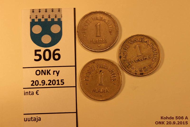 k-0506-a.jpg - Kohde 506, lhthinta: 10 € Eesti 1 marka (3) 1922-24 KM#1, 1a, 5 CuNi/NiBr, 1922, 24, 26 (likaa), kunto: 5-6