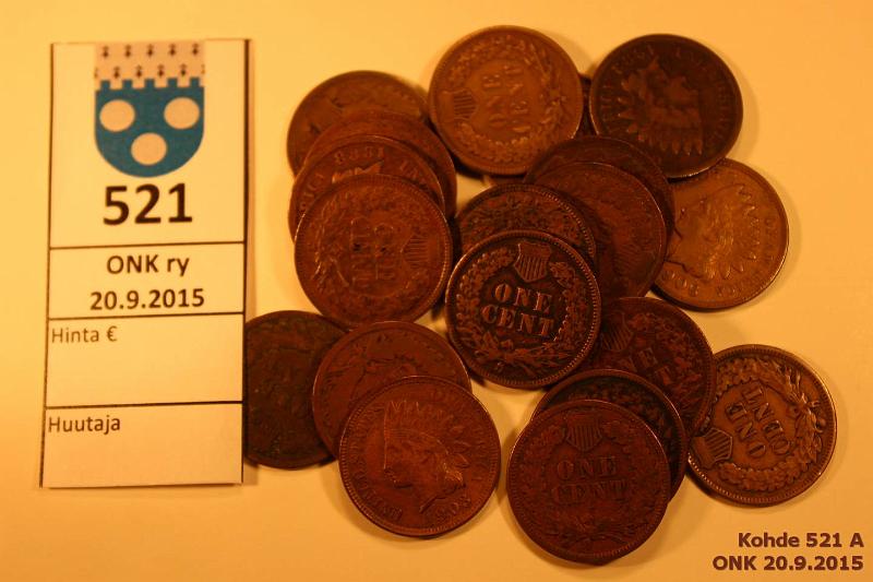 k-0521-a.jpg - Kohde 521, l�ht�hinta: 15 &euro; USA 1 cent (19) 1886-1908 KM#90a Br, Indian Head. 1886, 88(3), 90, 91, 92, 93, 95, 97(2),1903 (kl7), 04, 05, 06(2), 07(2), 08, kunto: 4-6