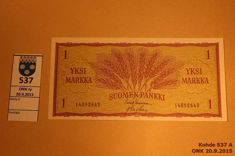 k-0537-a.jpg - Kohde 537, lhthinta: 30 € / myyntihinta: 34 € 1 mk 1963 SNY 114.1 I4852643 LEI-Eng kevyt kuituja rikkomaton keskitaitos, kunto: 8
