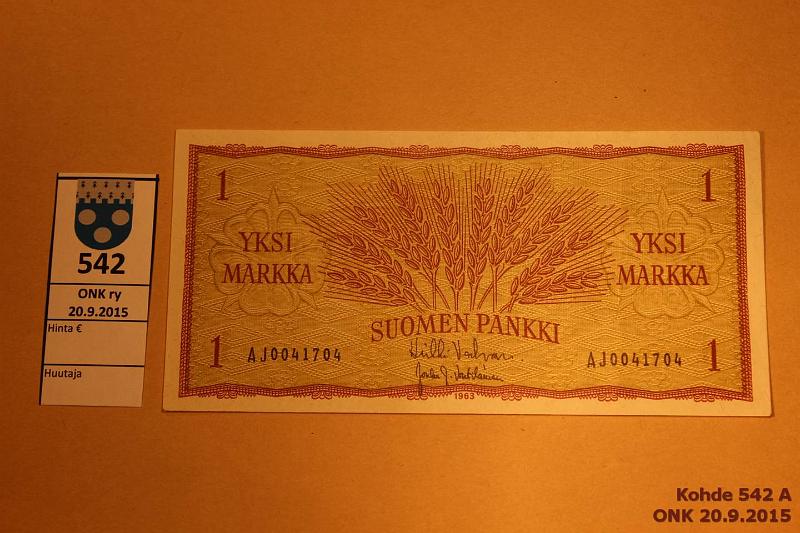 k-0542-a.jpg - Kohde 542, lhthinta: 20 € / myyntihinta: 29 € 1 mk 1963 SNY 114.1 AJ0041704 VAL-Vou, kunto: 5