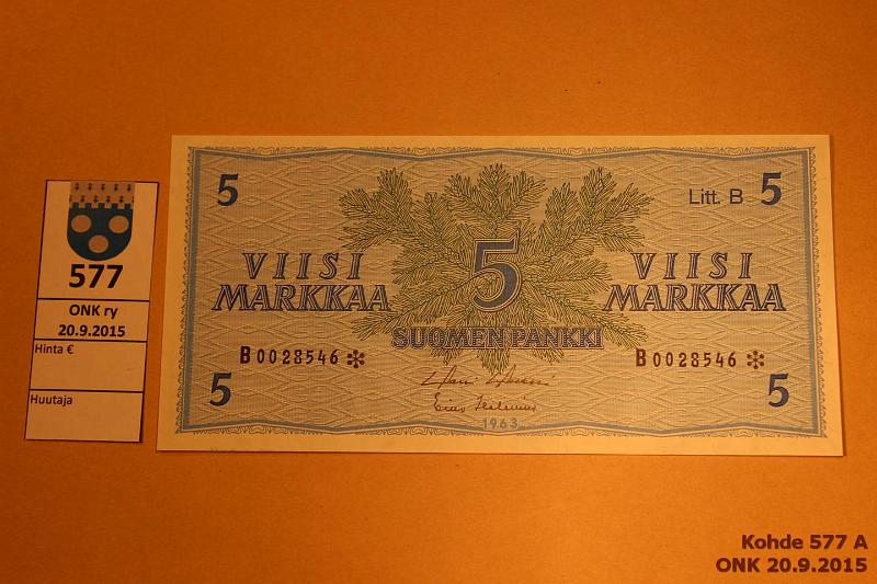 k-0577-a.jpg - Kohde 577, lhthinta: 17 € 5 mk 1963 LB B* SNY 135.7 B0028546* HOL-Hes, ei taitteita, korvaava, kunto: 8