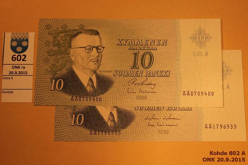 k-0602-a.jpg - Kohde 602, lhthinta: 18 € 10 mk 1963 LA (2) SNY 146.5 A870..KU I-Hes, A179..HOL-Lin, vl I, kunto: 9, 10
