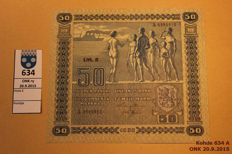 k-0634-a.jpg - Kohde 634, lhthinta: 60 € / myyntihinta: 83 € 50 mk 1939 LD SNY 168.1 A6995810 HEU-AAs, vl I, kunto: 8