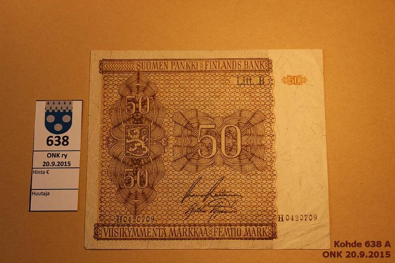 k-0638-a.jpg - Kohde 638, lhthinta: 5 € / myyntihinta: 5 € 50 mk 1945 LB SNY 169.4 H0420709 RAI-AAs, laatta IV, kunto: 4