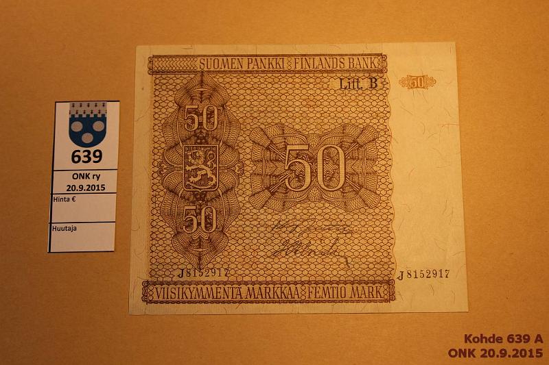 k-0639-a.jpg - Kohde 639, lhthinta: 10 € / myyntihinta: 14 € 50 mk 1945 LB SNY 169.4 J8152917 JUT-Als, laatta IV, kunto: 5