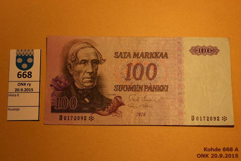 k-0668-a.jpg - Kohde 668, lhthinta: 15 € / myyntihinta: 17 € 100 mk 1976 D* SNY 184.2 D0172092* UUS-M1, korvaava, kunto: 4