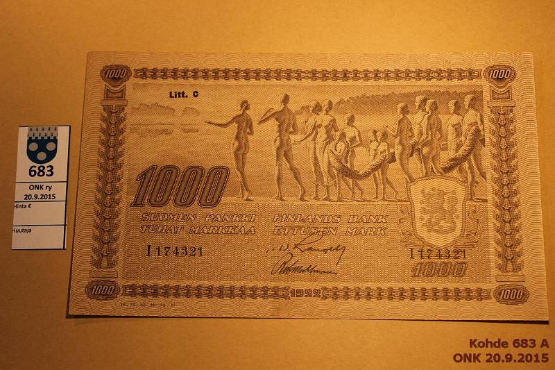 k-0683-a.jpg - Kohde 683, lhthinta: 220 € 1000 mk 1922 LC III SNY 197.6 I174321 RAN-Wah, kevyt painauma keskell, parissa nurkassa hieman kulumaa, kunto: 7