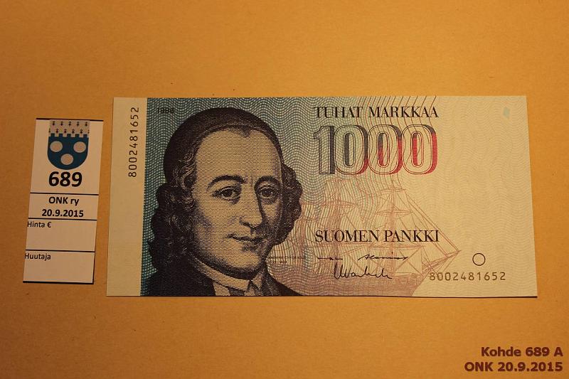 k-0689-a.jpg - Kohde 689, lhthinta: 150 € / myyntihinta: 250 € 1000 mk 1986 SNY 201.1 8002481652 AL II-Va2, kunto: 9