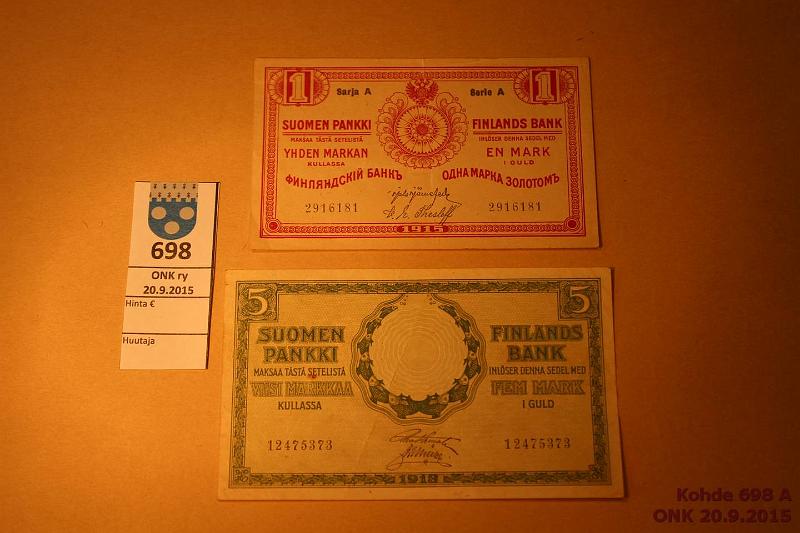 k-0698-a.jpg - Kohde 698, l�ht�hinta: 14 &euro; / myyntihinta: 16 &euro; 1-5 mk 1915, 18 1mk 1915 A J�R-The; 5mk 1918 8 n:oa STE-M�l, kunto: 4