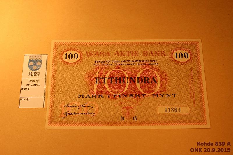 k-0839-a.jpg - Kohde 839, lhthinta: 250 € 100 mk 1918 SNY 213, Vaasan Osake Pankki, 41864, hyv kunto!, kunto: 6